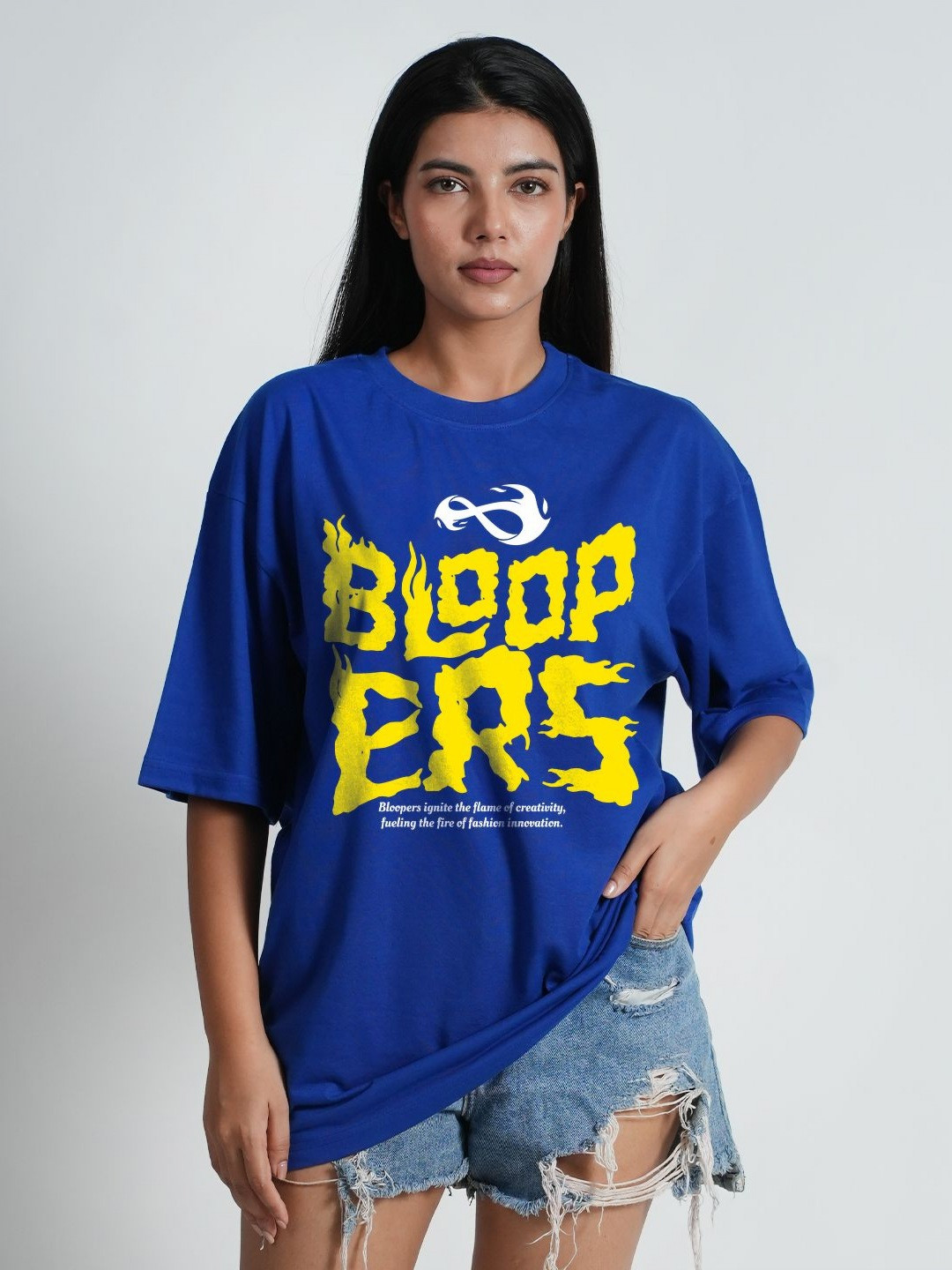 

Bloopers Store Women Typography Printed Round Neck Cotton Oversized T-shirt, Blue