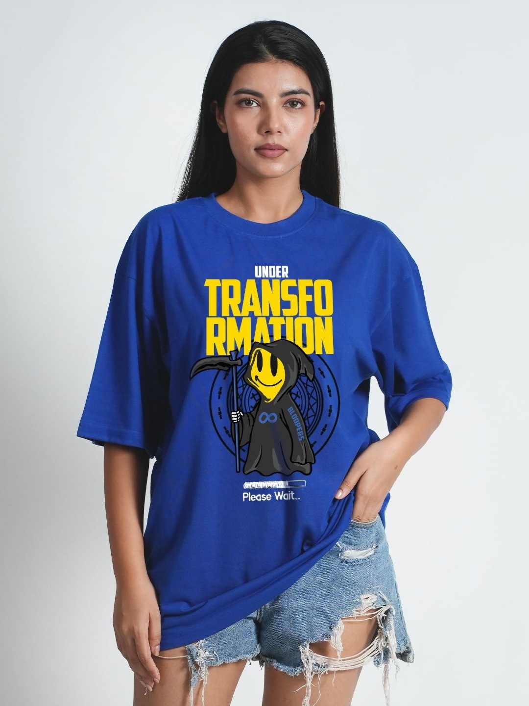 

Bloopers Store Women Typography Printed Round Neck Cotton Oversized T-shirt, Blue