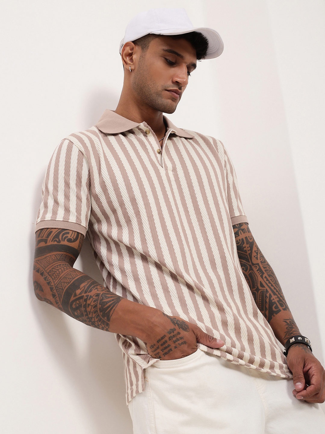 

SHOWOFF Men Striped Polo Collar Cotton T-shirt, Beige
