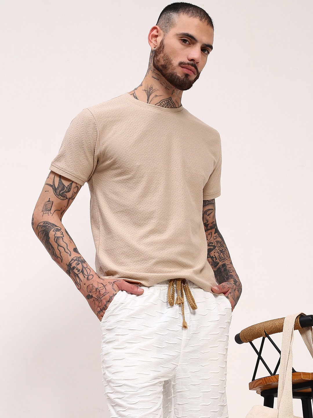 

SHOWOFF Men Self Design Polo Collar Slim Fit Cotton T-shirt, Beige