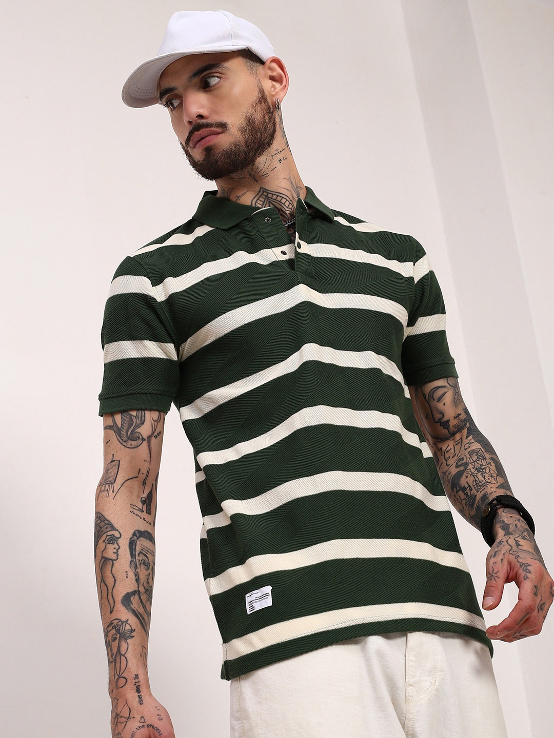 

SHOWOFF Men Striped Polo Collar Slim Fit Cotton T-shirt, Green