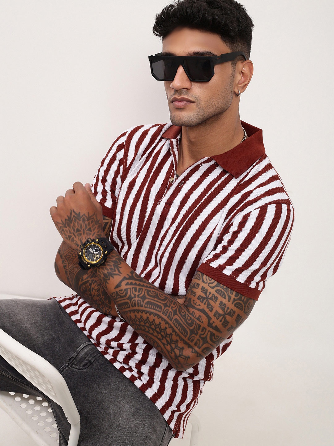 

SHOWOFF Men Striped Polo Collar Cotton T-shirt, Maroon