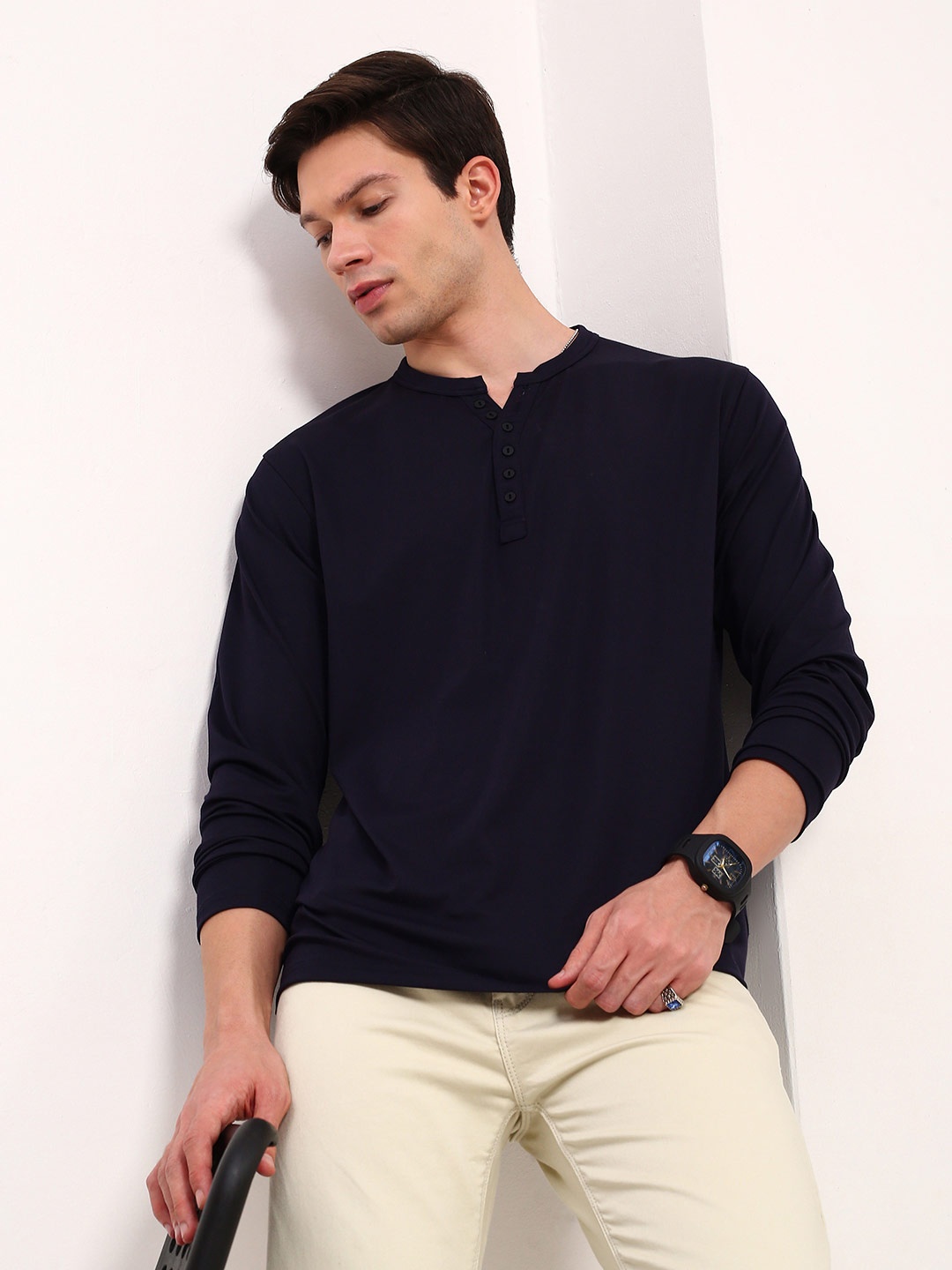 

SHOWOFF Men Solid Henley Neck Cotton T-shirt, Navy blue