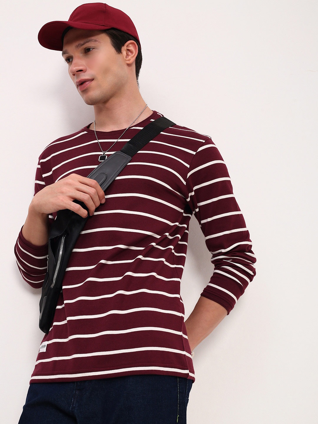 

SHOWOFF Men Striped Round Neck Cotton T-shirt, Burgundy
