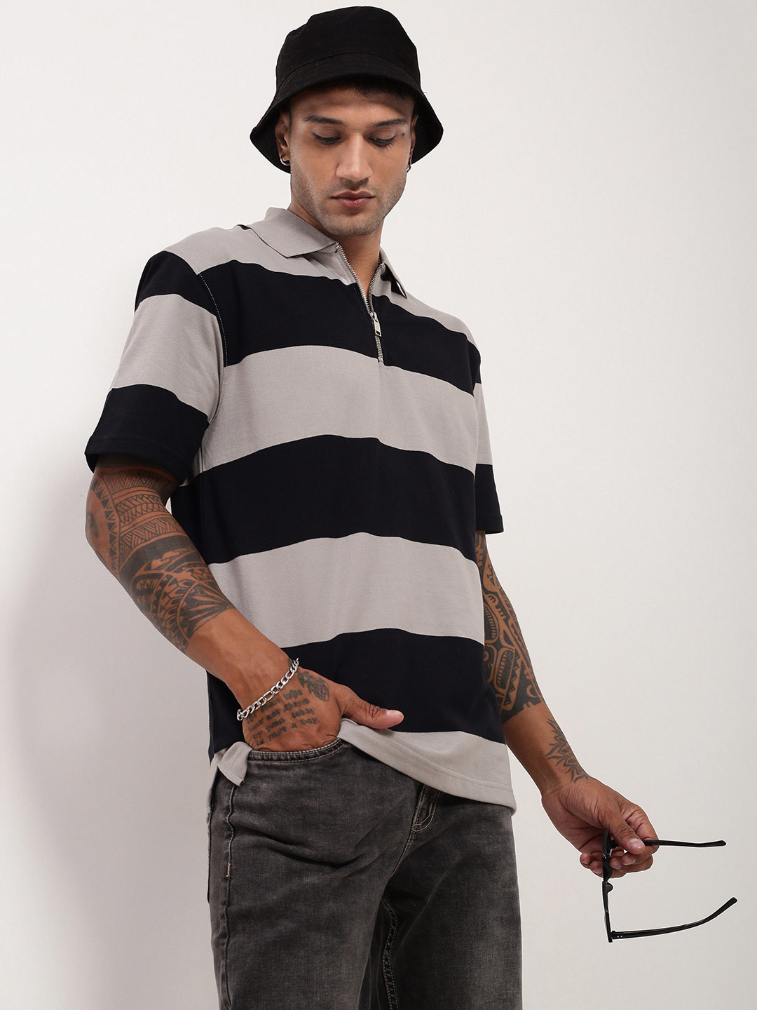 

SHOWOFF Men Striped Polo Collar Cotton T-shirt, Grey