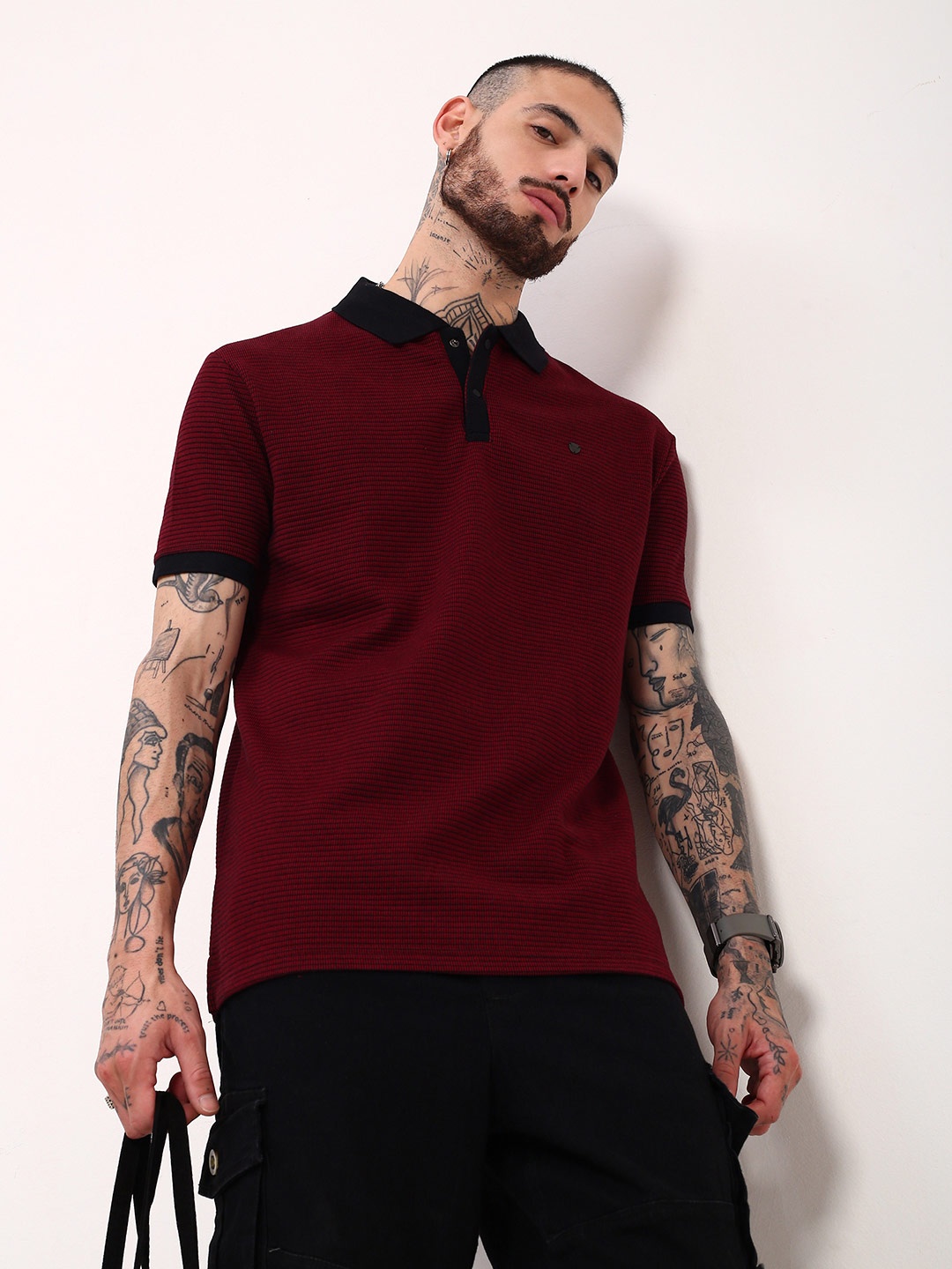 

SHOWOFF Men Striped Polo Collar Slim Fit Cotton T-shirt, Maroon