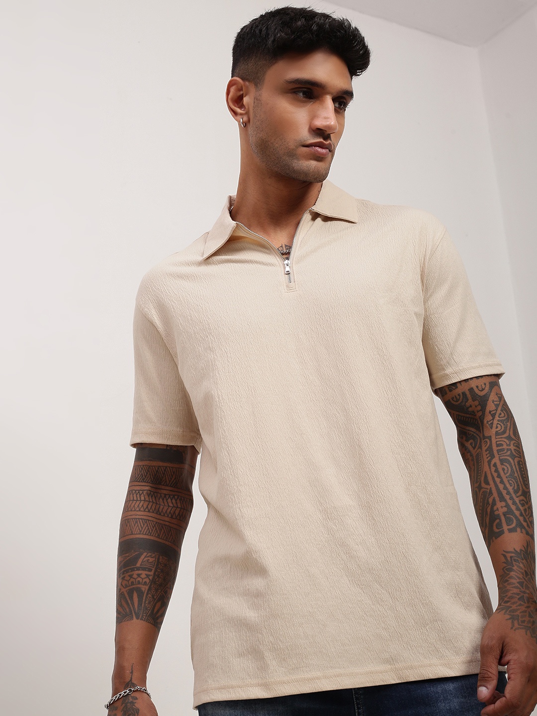 

SHOWOFF Men Solid Polo Collar Cotton T-shirt, Beige