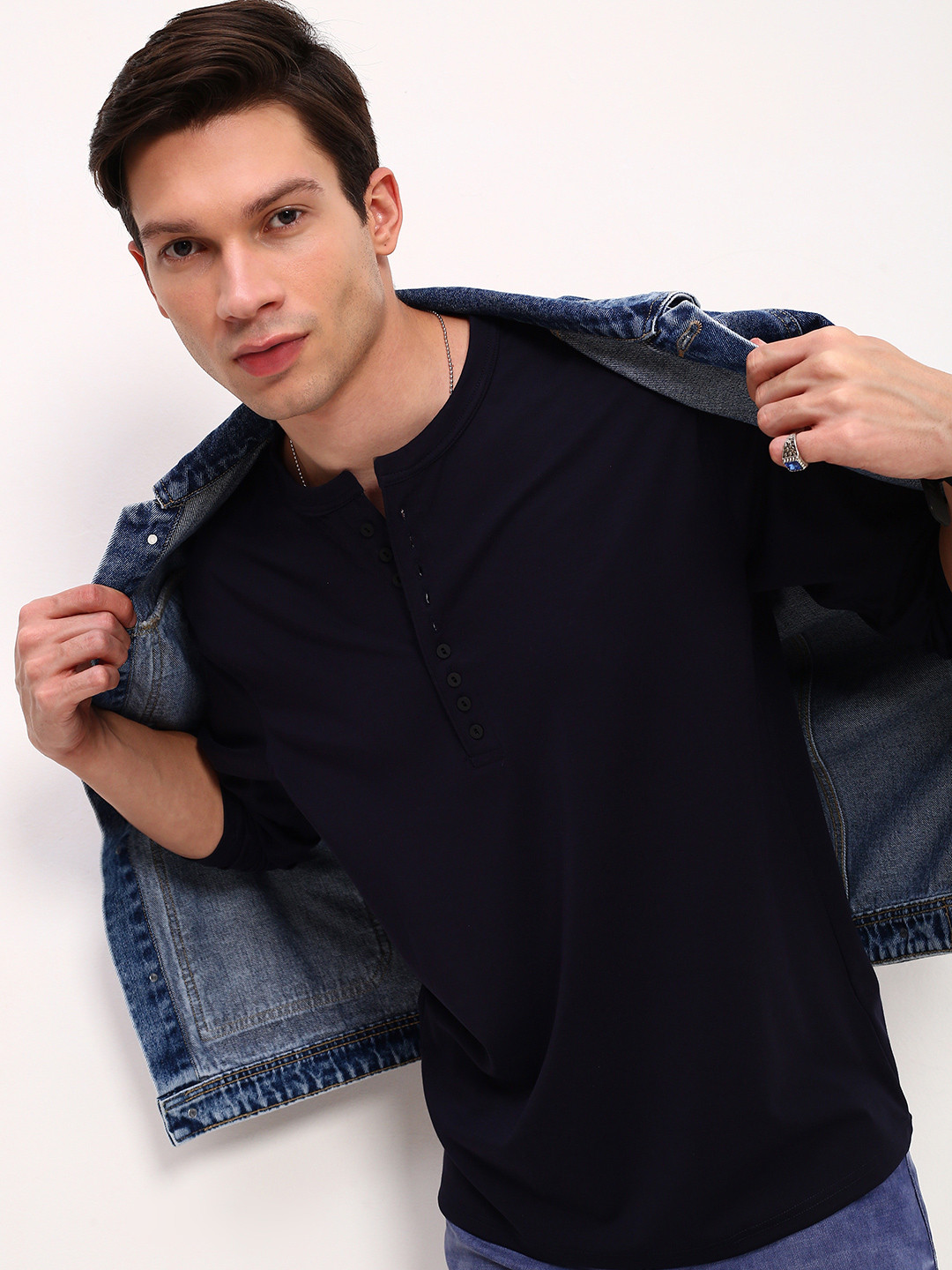 

SHOWOFF Men Solid Henley Neck Cotton T-shirt, Navy blue