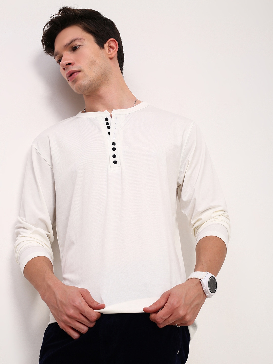 

SHOWOFF Men Solid Henley Neck Cotton T-shirt, Cream