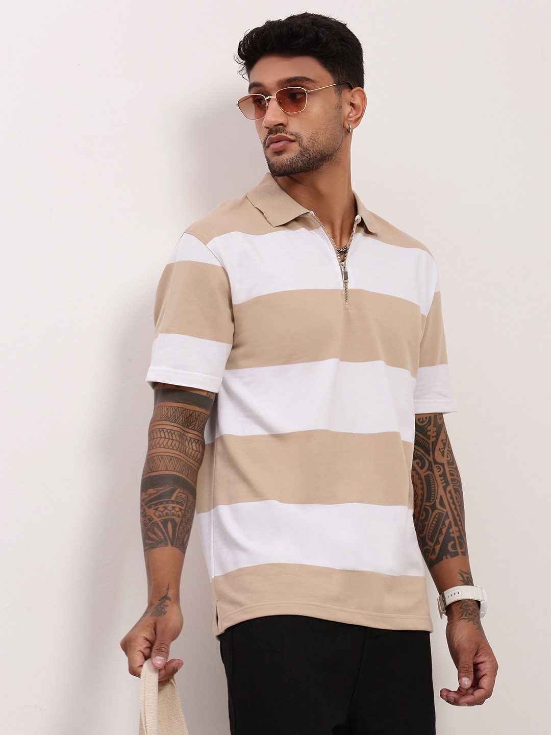 

SHOWOFF Men Striped Polo Collar Cotton T-shirt, Beige