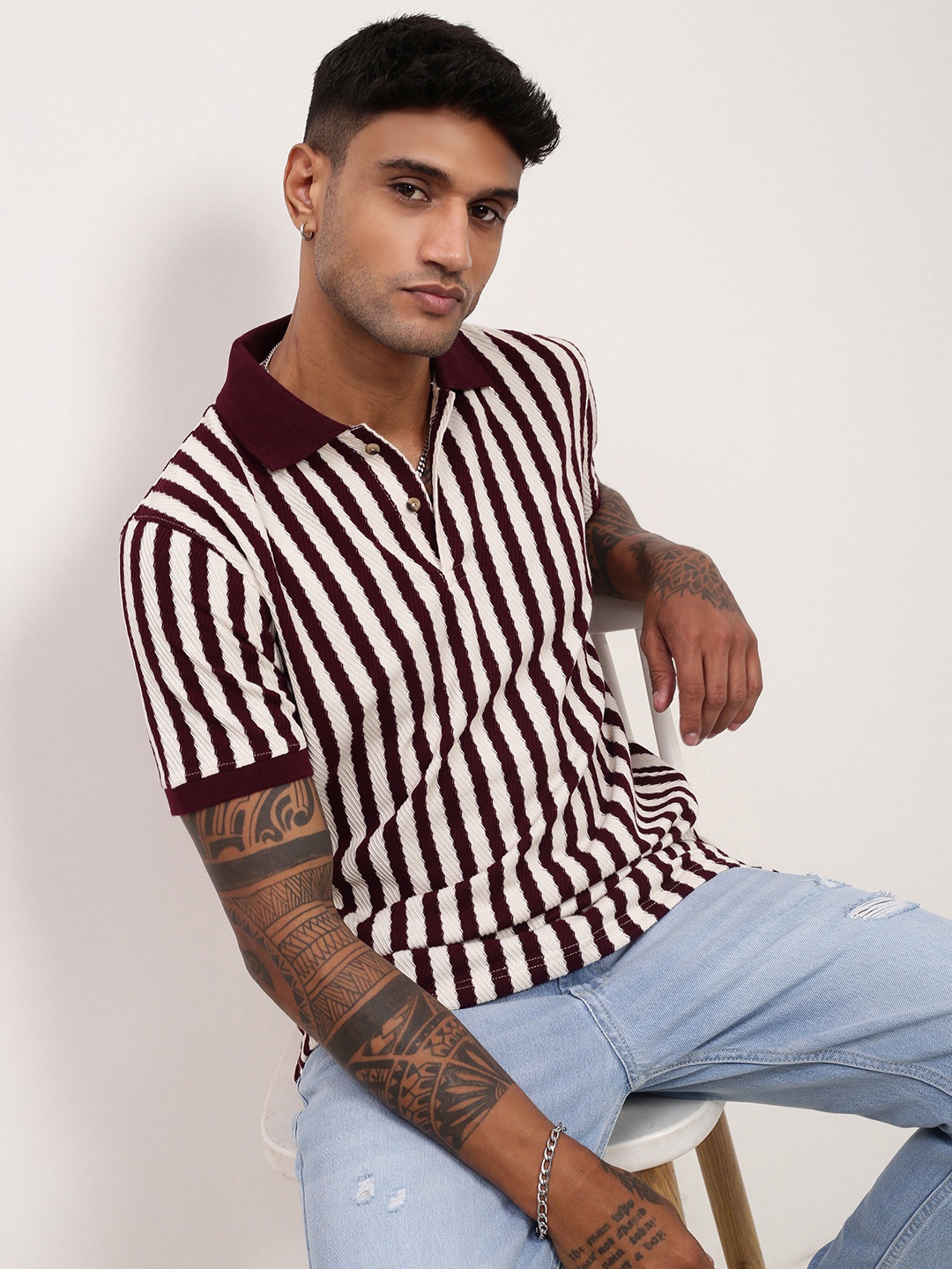 

SHOWOFF Men Striped Polo Collar Cotton T-shirt, Burgundy