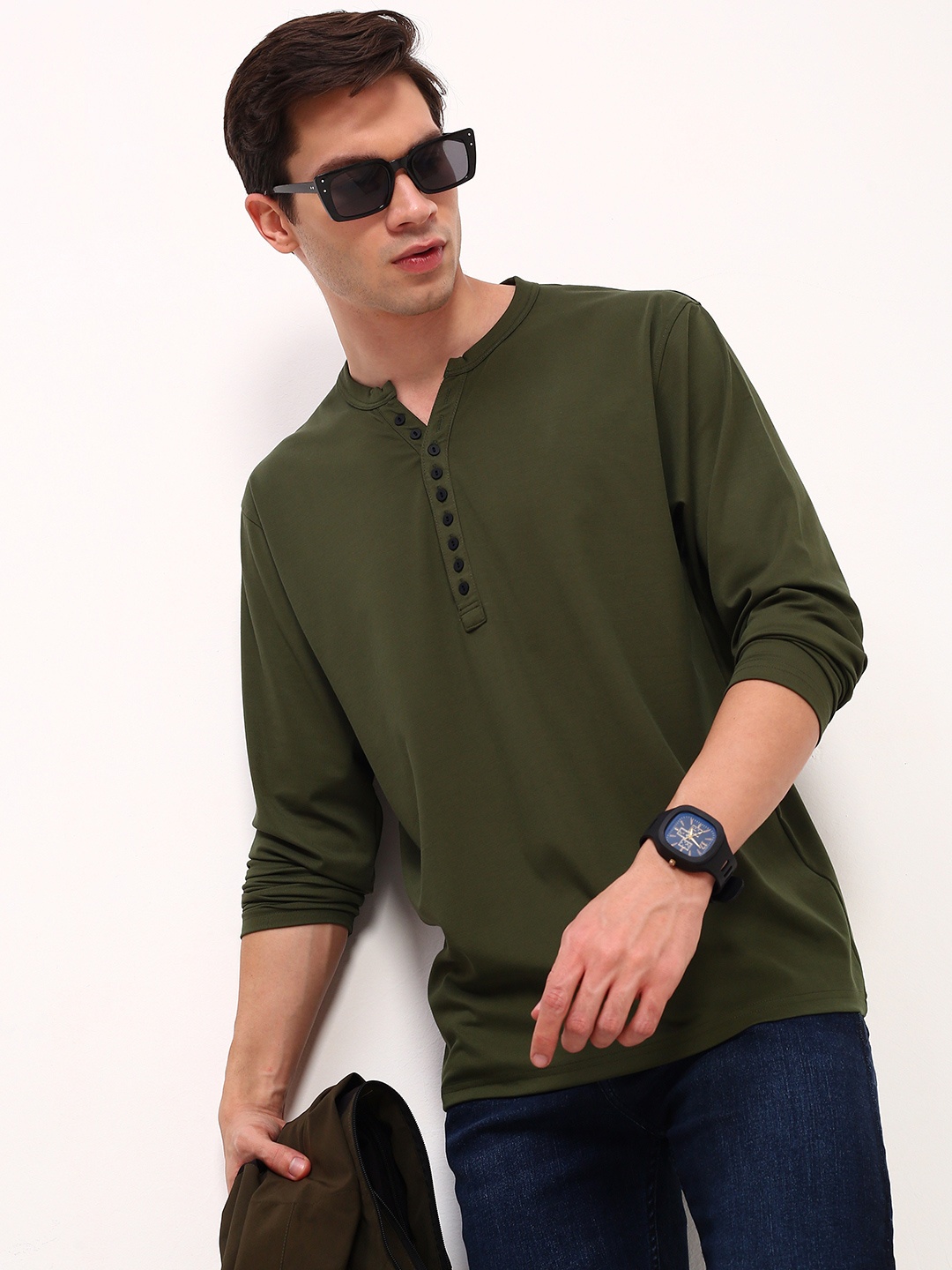 

SHOWOFF Men Solid Henley Neck Cotton T-shirt, Olive