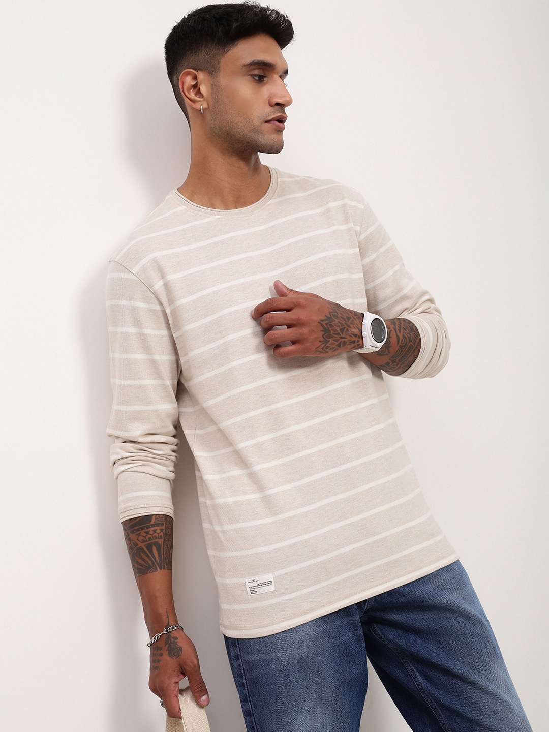 

SHOWOFF Men Striped Round Neck Cotton T-shirt, Nude