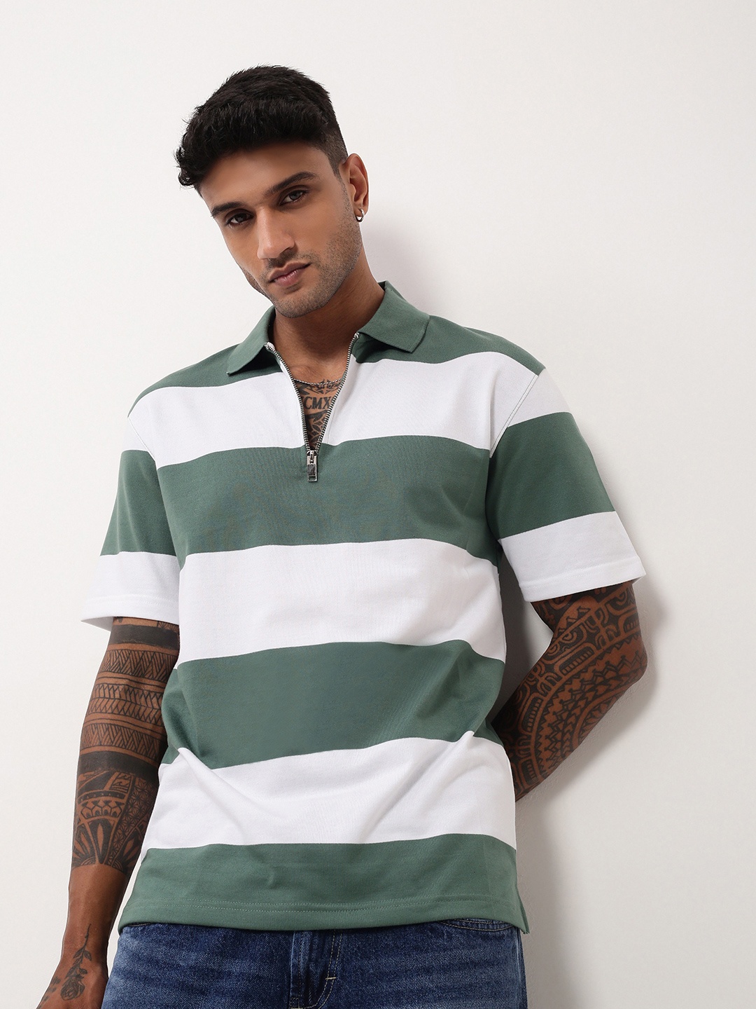 

SHOWOFF Men Striped Polo Collar Cotton T-shirt, Green
