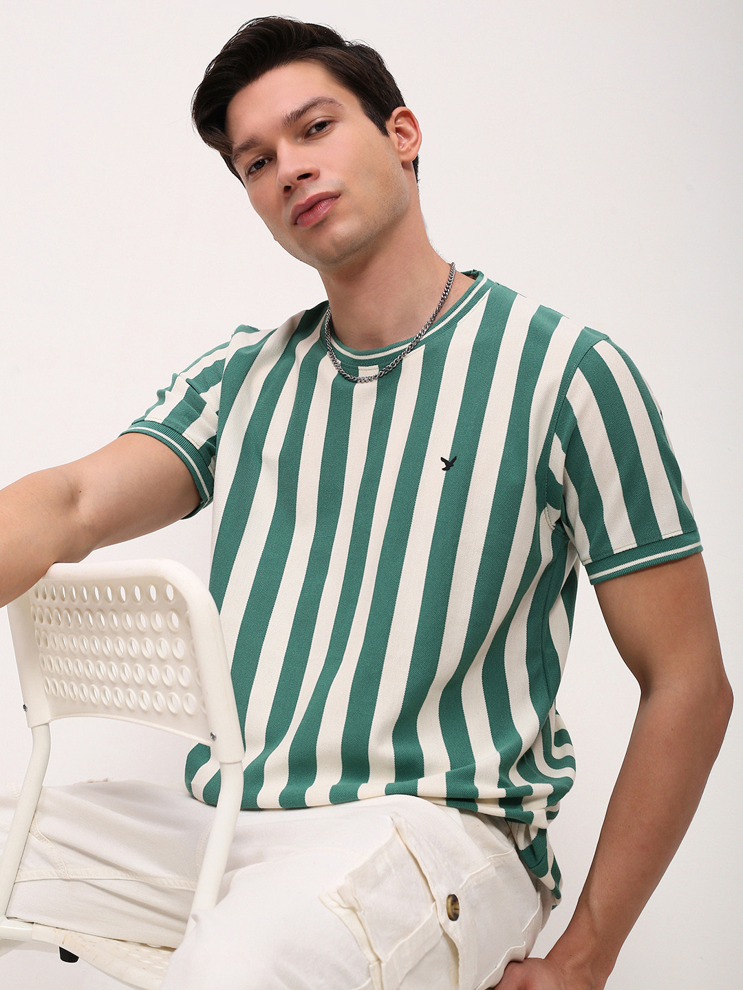 

SHOWOFF Men Striped Round Neck Cotton T-shirt, Green