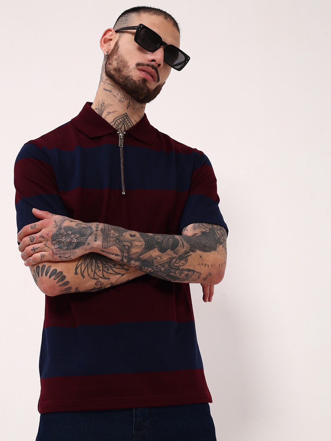 

SHOWOFF Men Striped Polo Collar Slim Fit Cotton T-shirt, Maroon