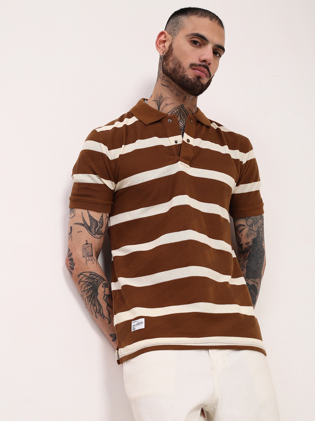 

SHOWOFF Men Striped Polo Collar Slim Fit Cotton T-shirt, Brown