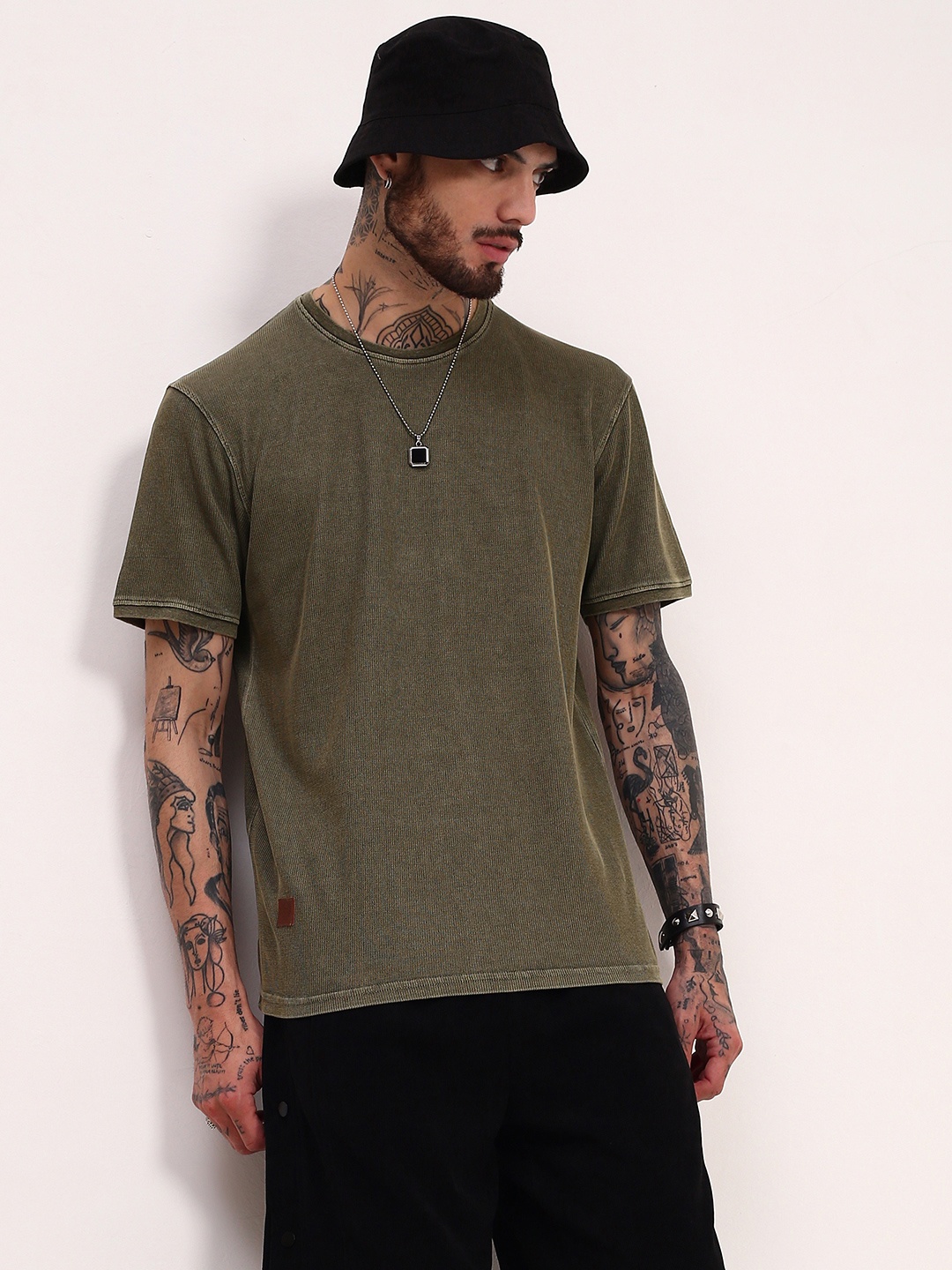 

SHOWOFF Men Solid Round Neck Oversized Cotton T-shirt, Olive