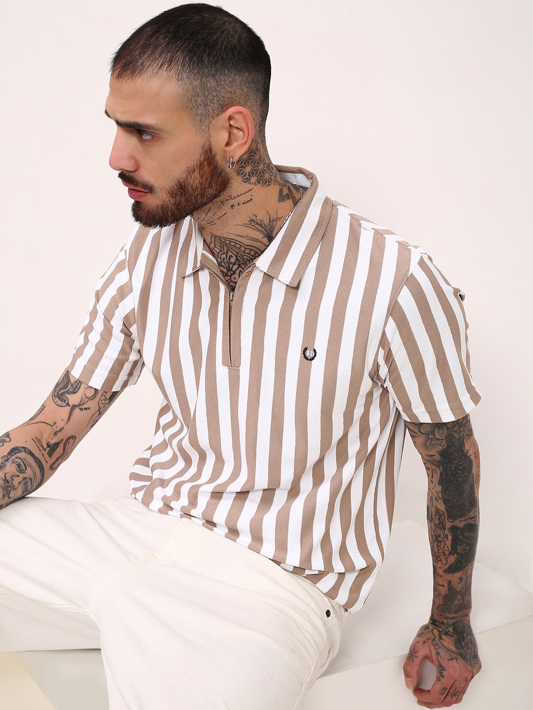 

SHOWOFF Men Striped Polo Collar Slim Fit Cotton T-shirt, White