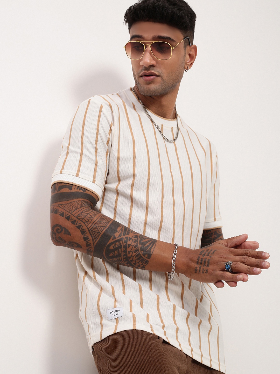 

SHOWOFF Men Striped Round Neck Cotton T-shirt, Cream