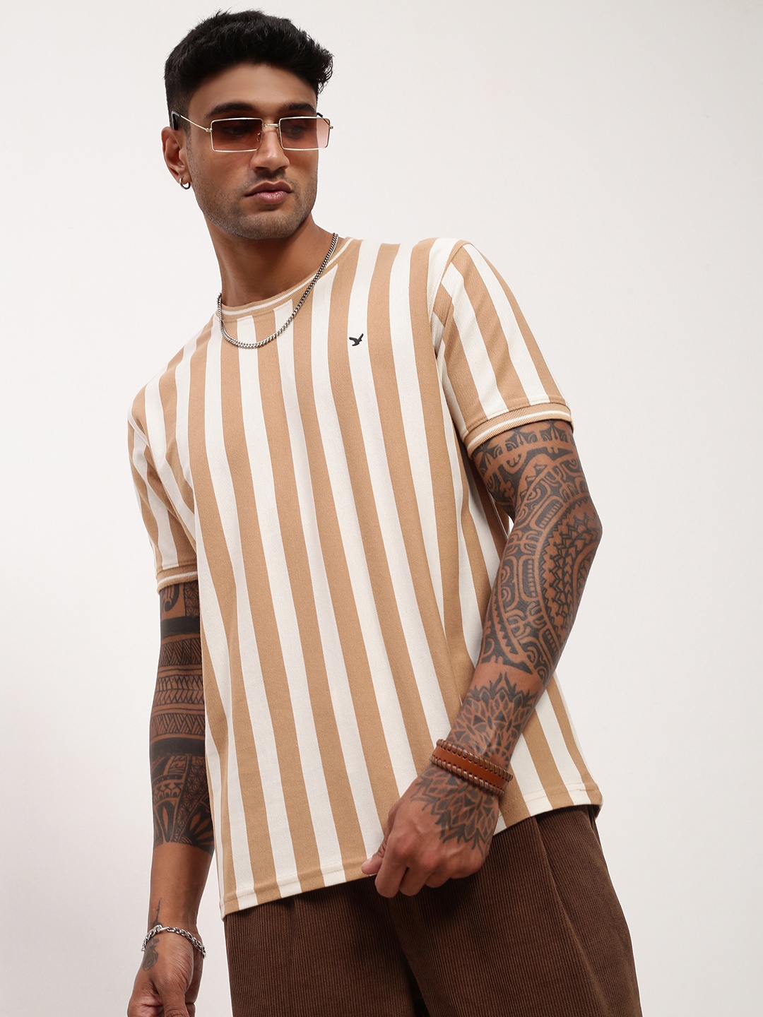 

SHOWOFF Men Striped Round Neck Cotton T-shirt, Beige