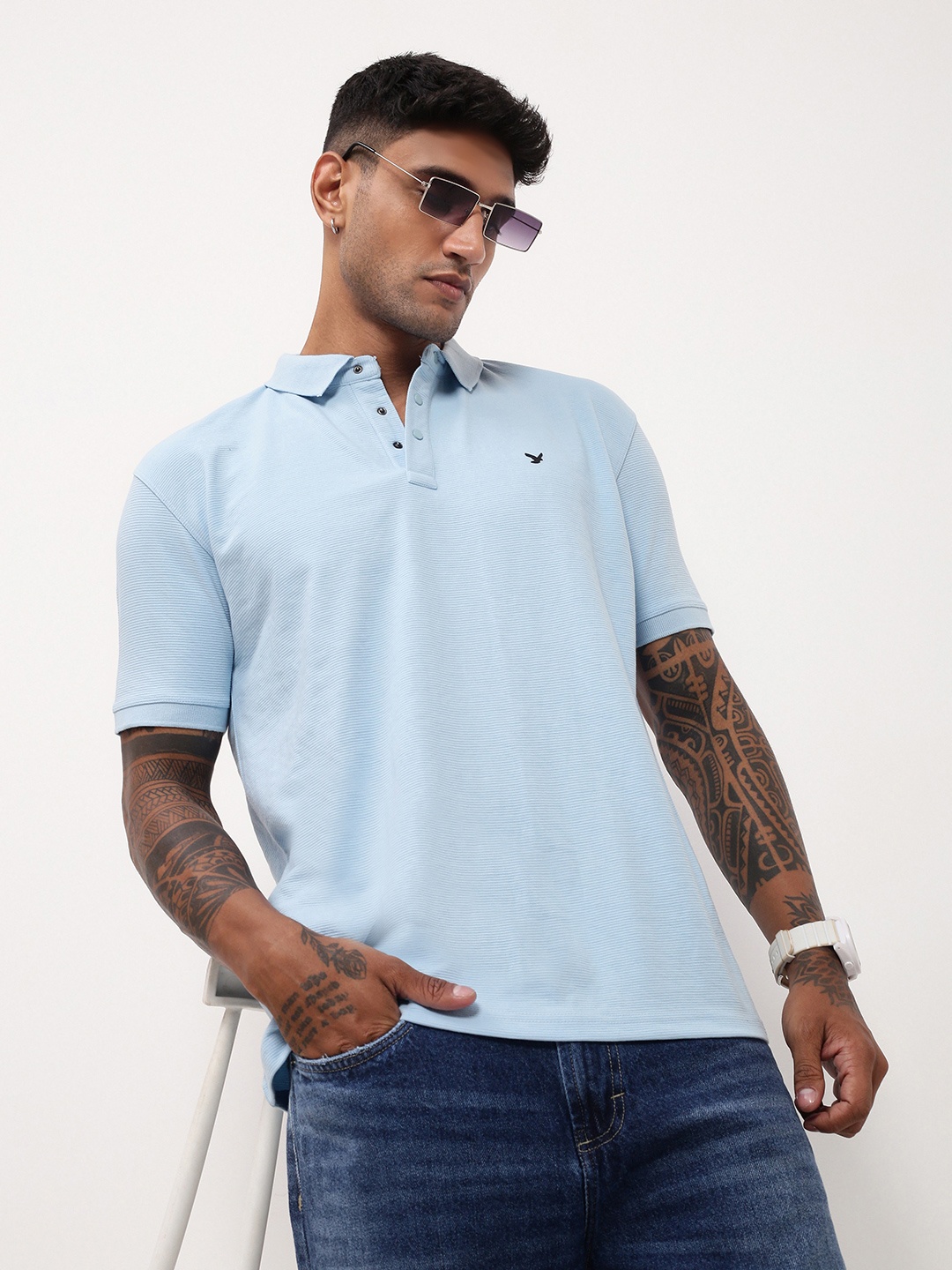 

SHOWOFF Men Solid Polo Collar Cotton T-shirt, Blue