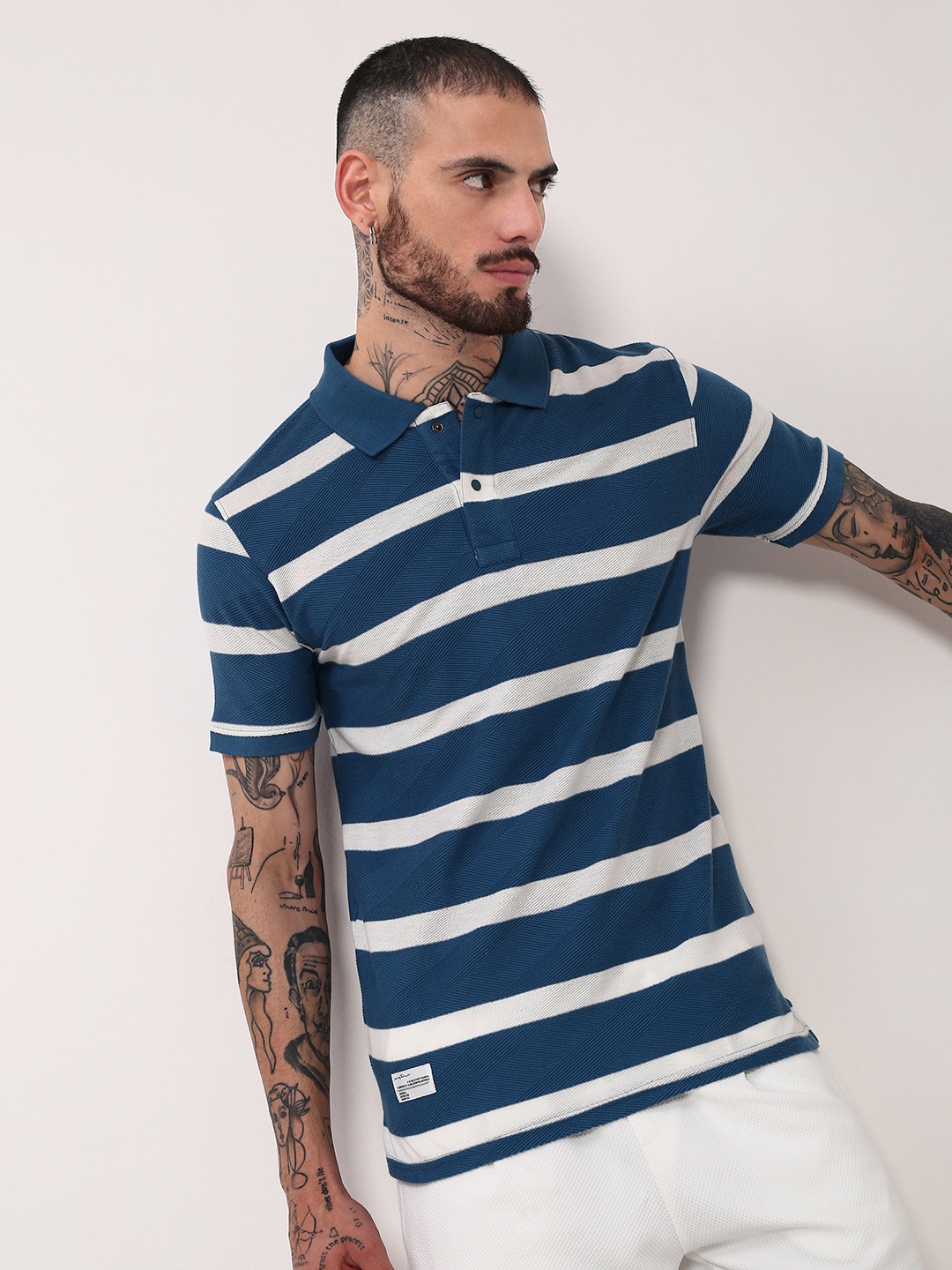 

SHOWOFF Men Striped Polo Collar Slim Fit Cotton T-shirt, Teal