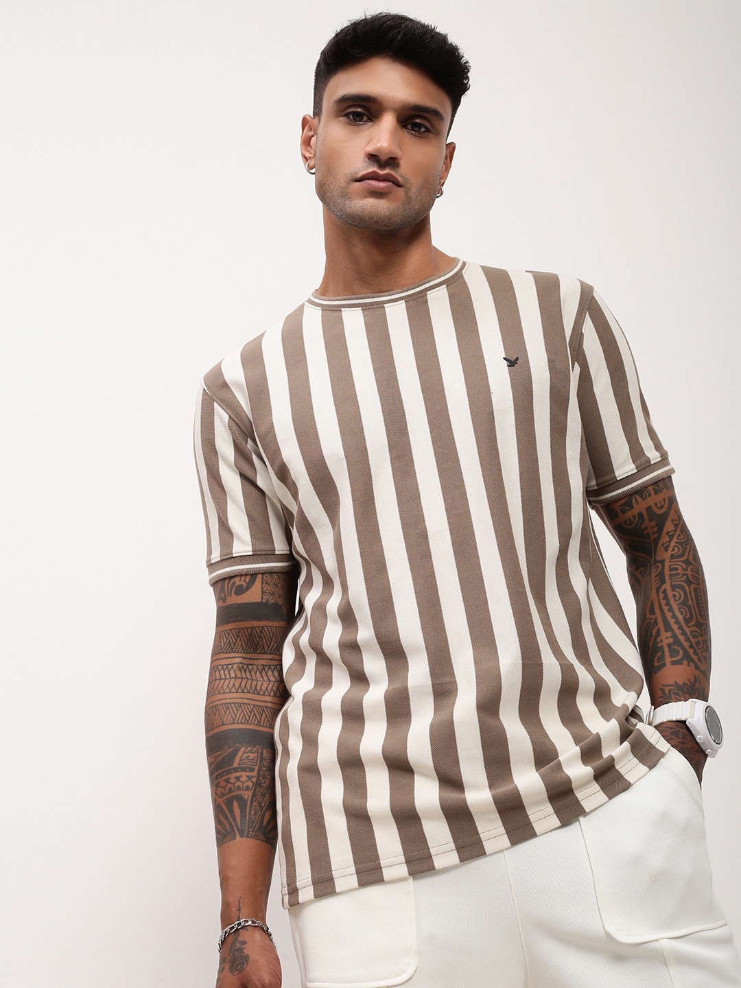 

SHOWOFF Men Striped Round Neck Cotton T-shirt, Olive