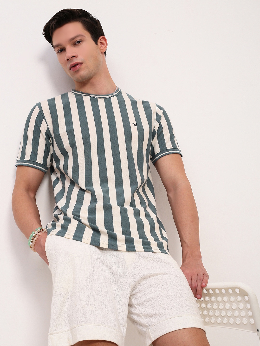 

SHOWOFF Men Striped Round Neck Cotton T-shirt, Sea green