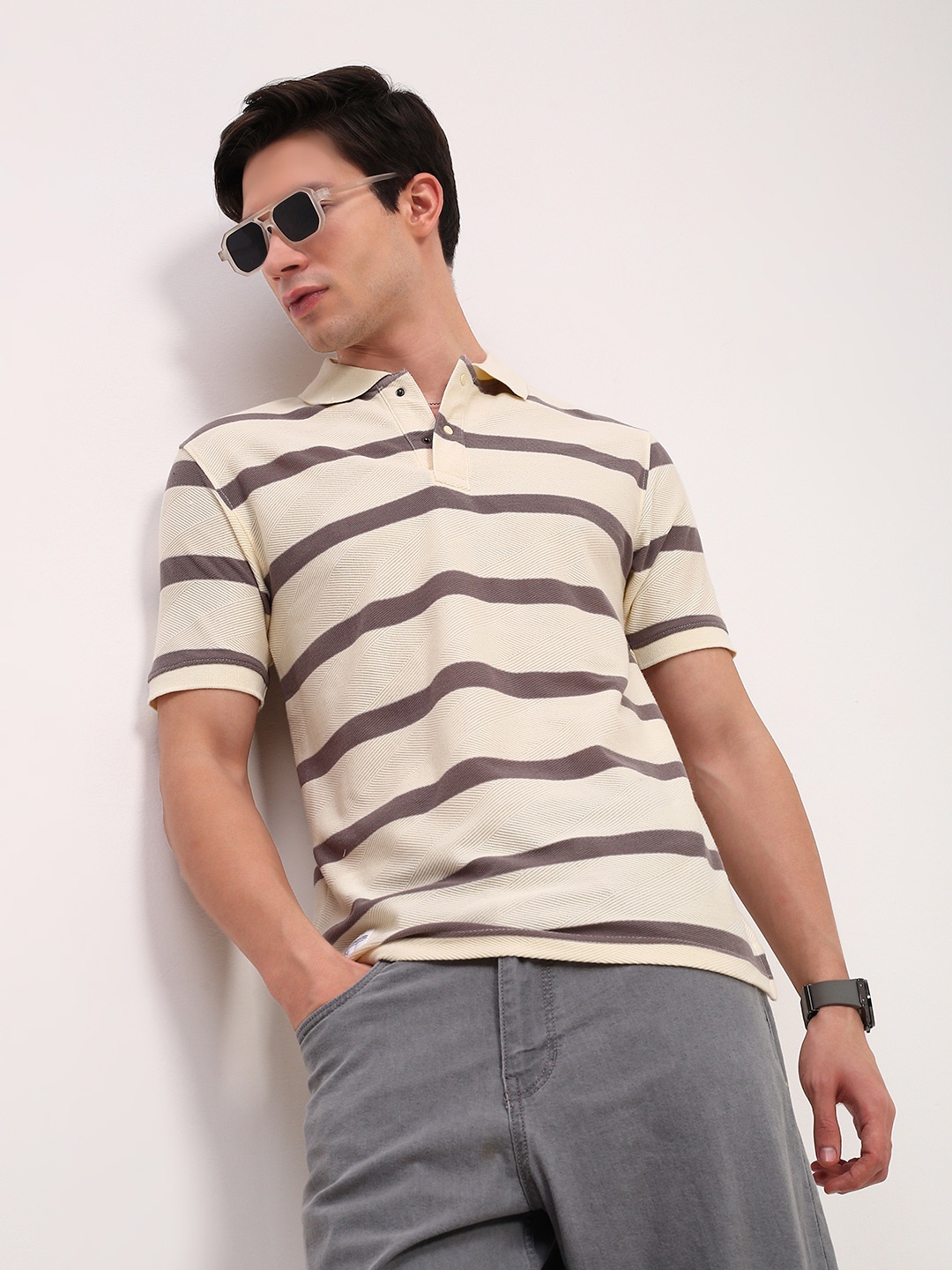

SHOWOFF Men Striped Polo Collar Cotton T-shirt, Cream