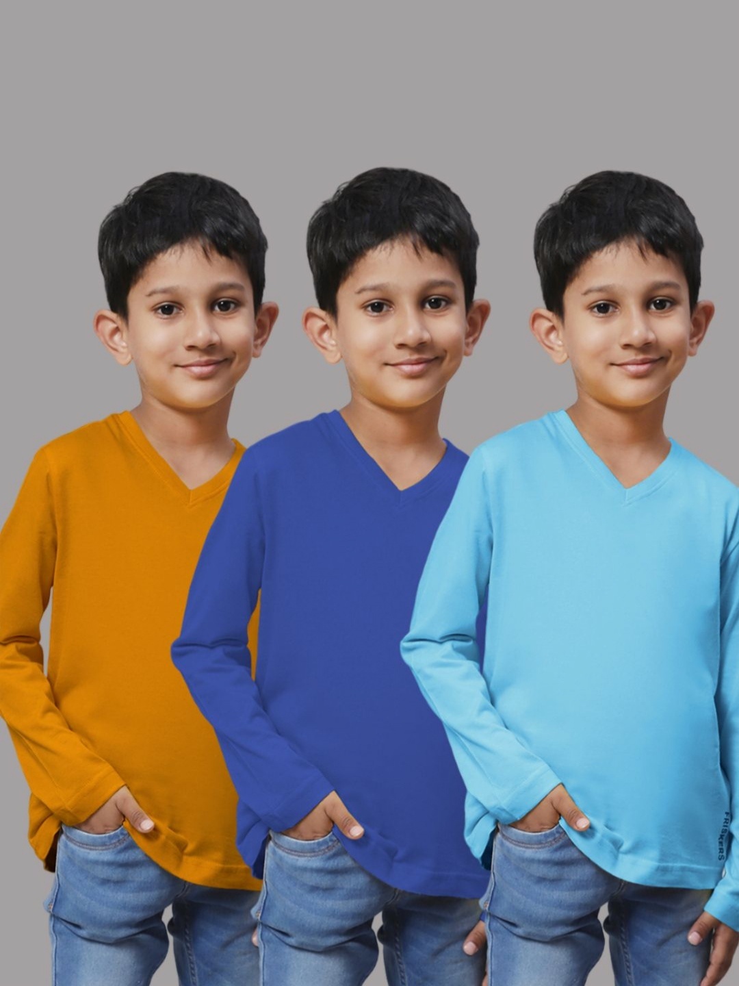 

Friskers Boys Pack Of 3 Solid V-Neck Cotton T-shirts, Blue