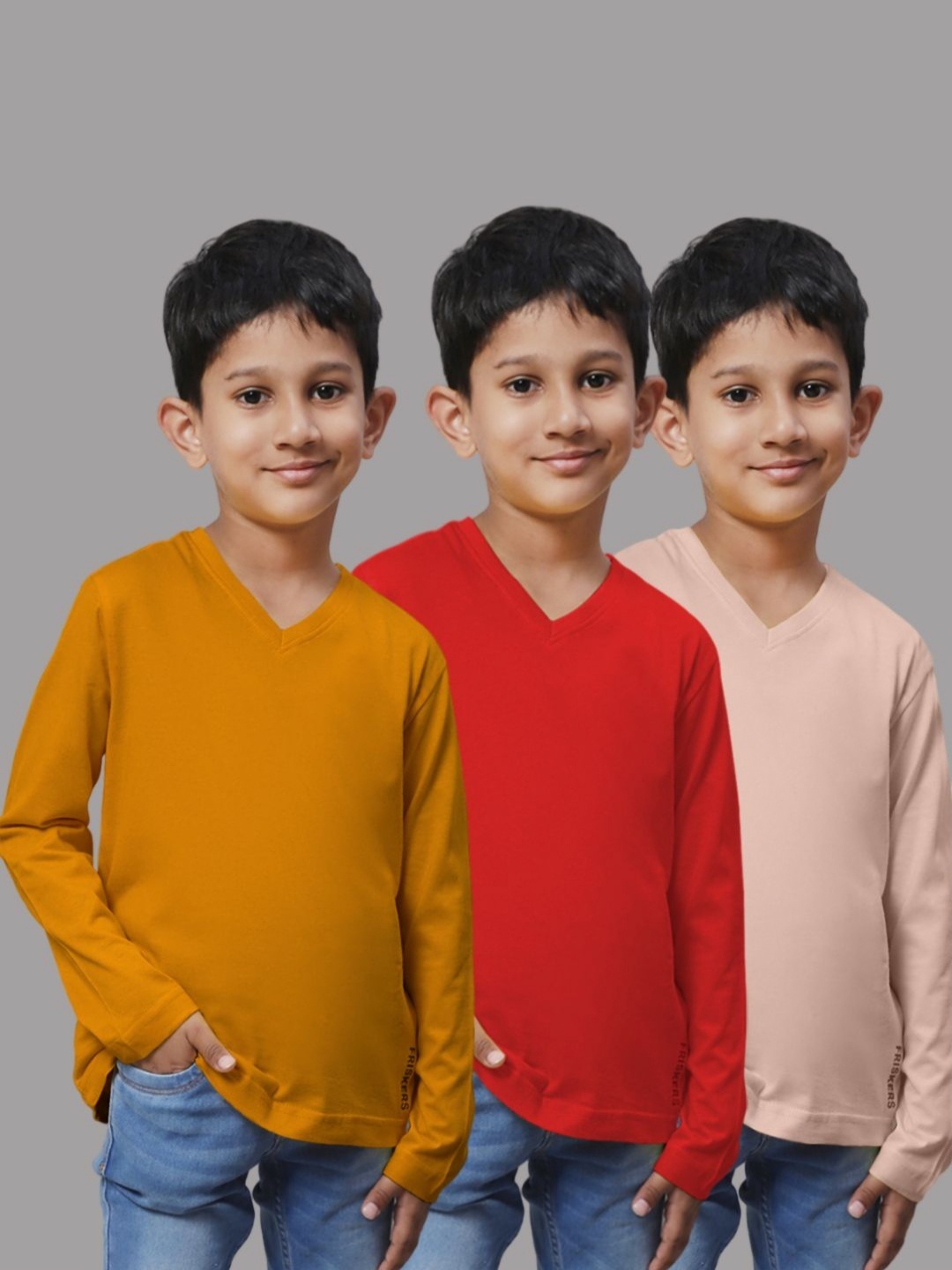 

Friskers Boys Pack Of 3 Solid V-Neck Cotton T-shirts, Mustard