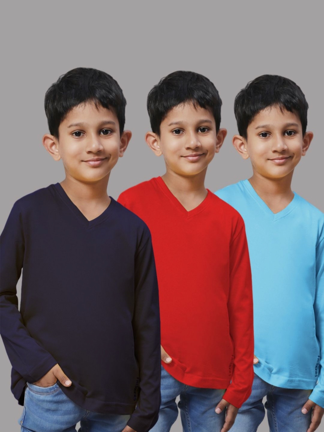 

Friskers Boys Pack Of 3 Solid V-Neck Cotton T-shirts, Navy blue