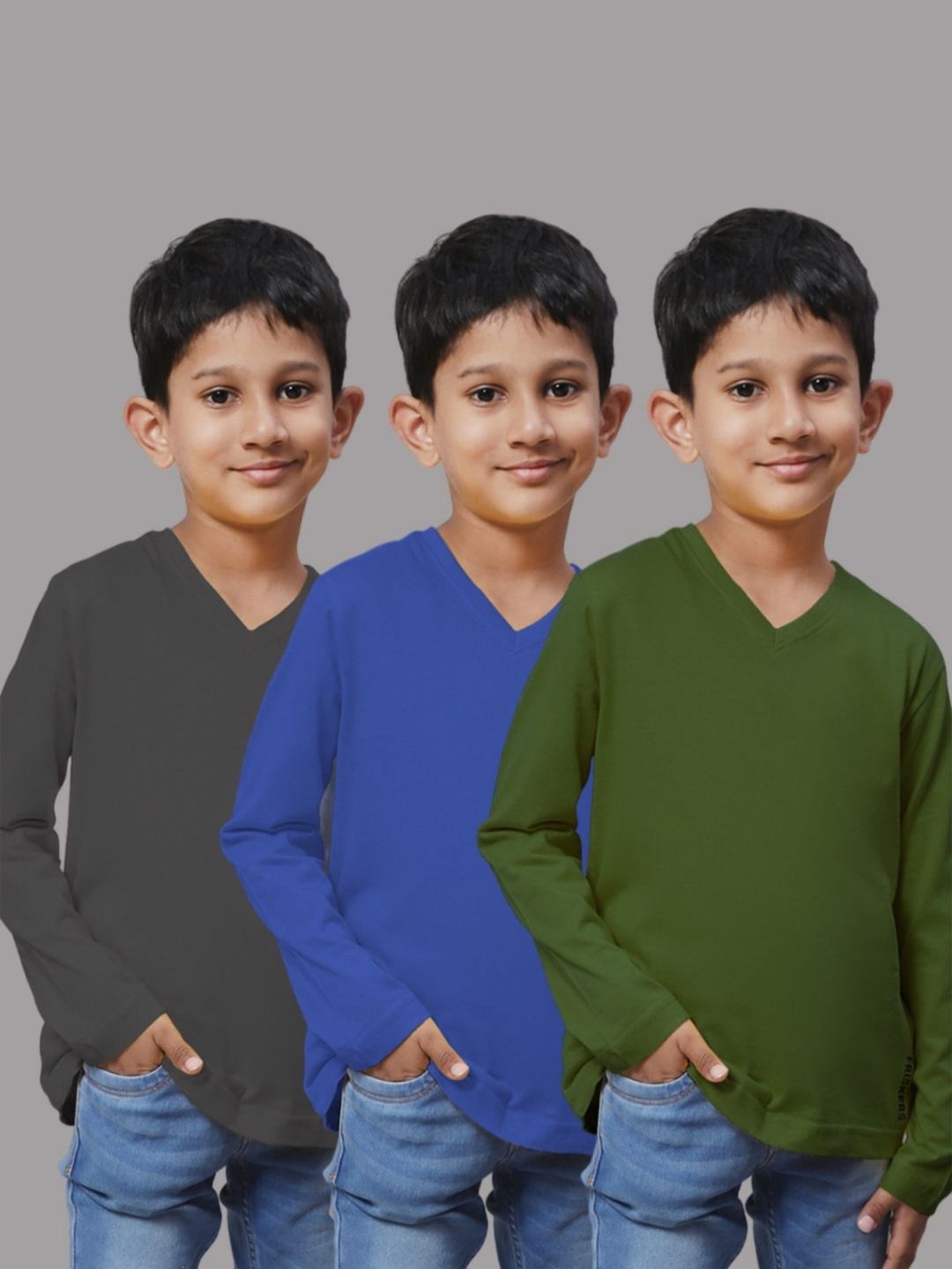 

Friskers Boys Pack Of 3 Solid V-Neck Cotton T-shirts, Blue