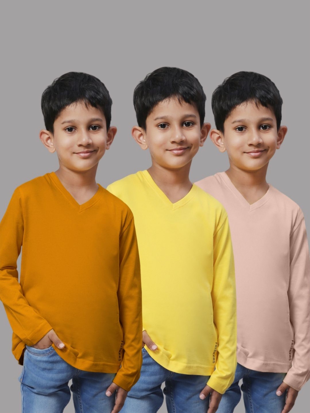 

Friskers Boys Pack Of 3 Solid V-Neck Cotton T-shirts, Mustard