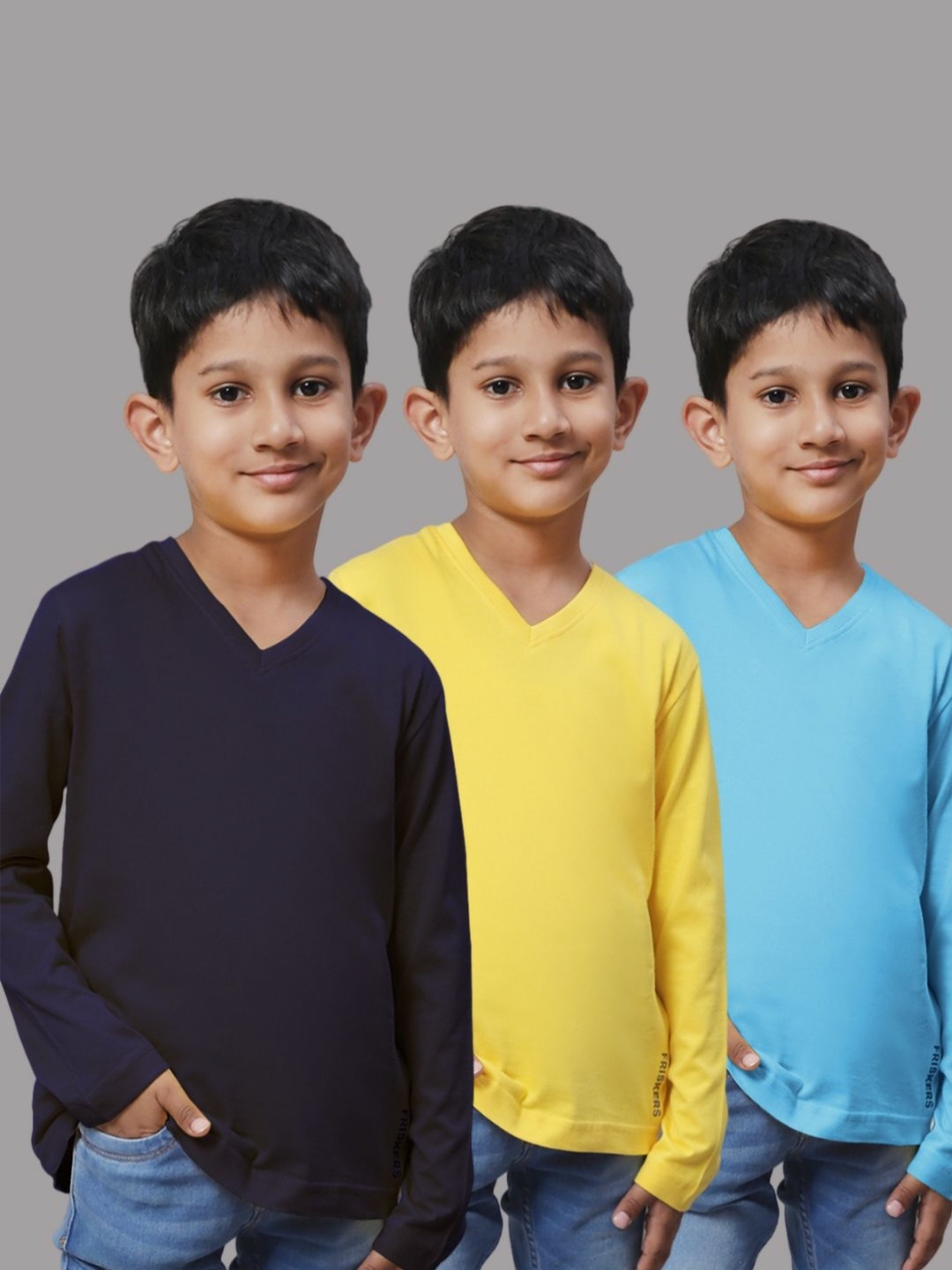 

Friskers Boys Pack Of 3 Solid V-Neck Cotton T-shirts, Yellow