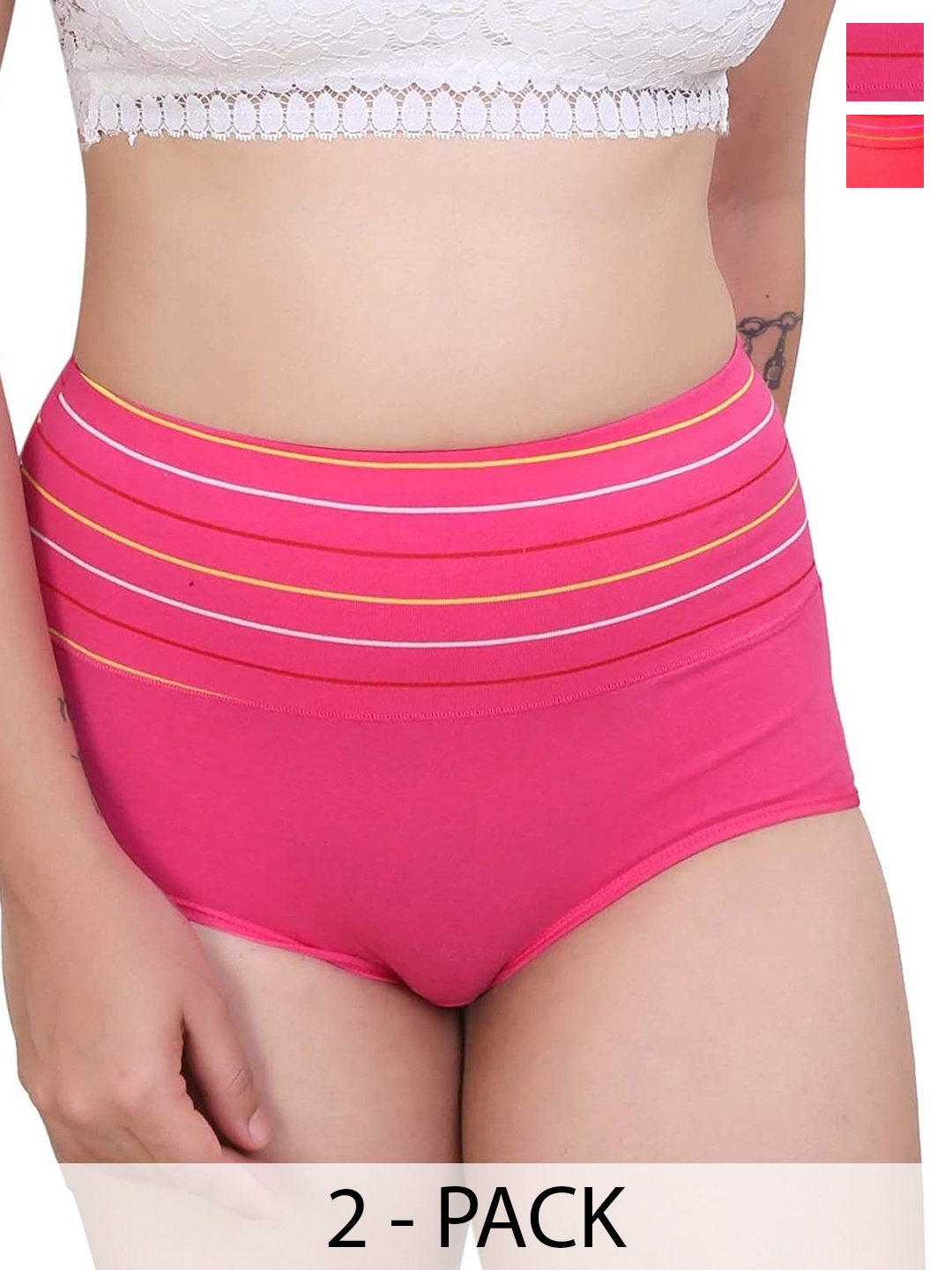 

SHREE GANESH FASHION Women Pack Of 2 Striped Cotton High-Rise Hipster Briefs, Pink