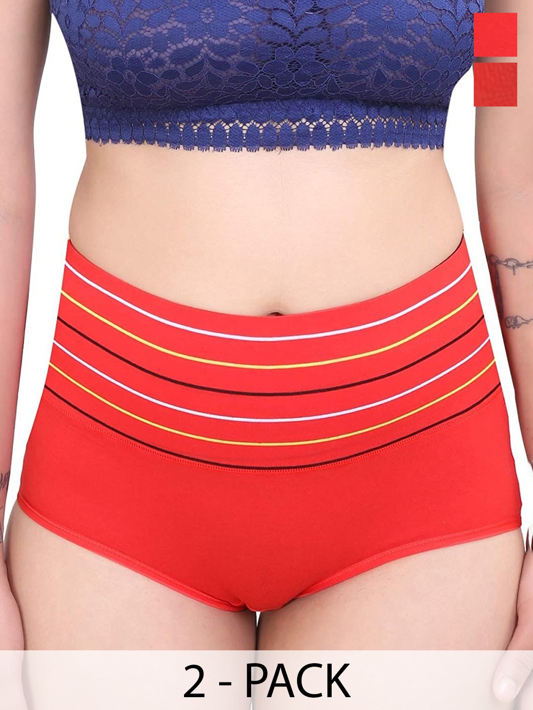 

SHREE GANESH FASHION Women Pack Of 2 Striped Cotton Hipster Briefs, Red