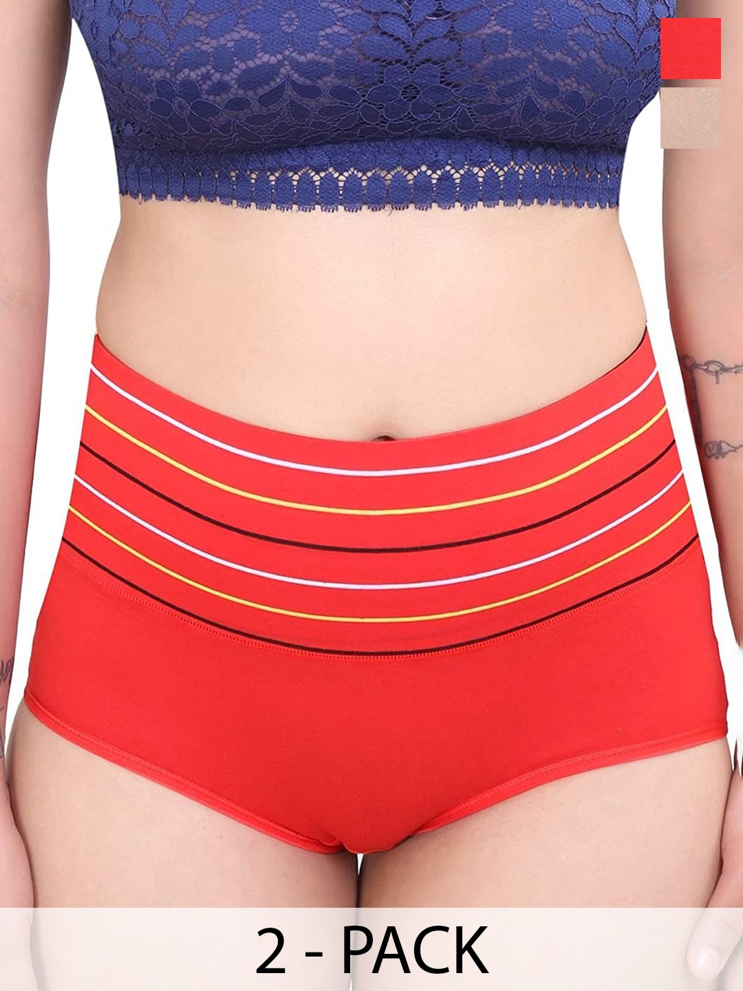 

SHREE GANESH FASHION Women 2-Pcs Striped Cotton Mid-Rise Hipster Briefs, Red