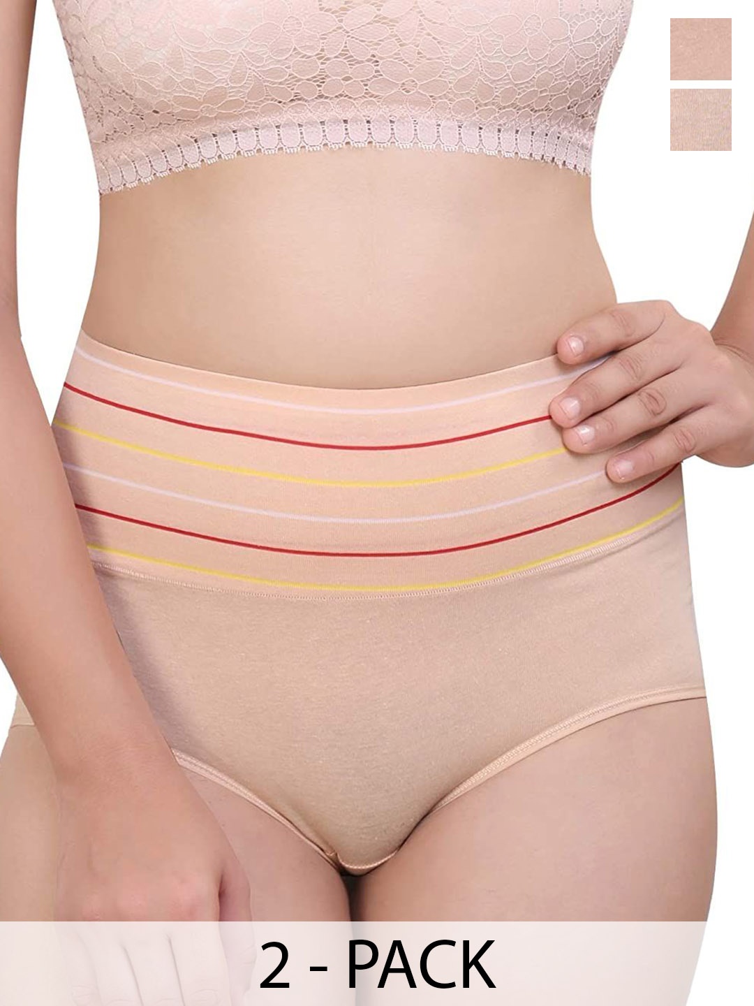 

SHREE GANESH FASHION Women Pack Of 2 Striped Cotton Hipster, Cream