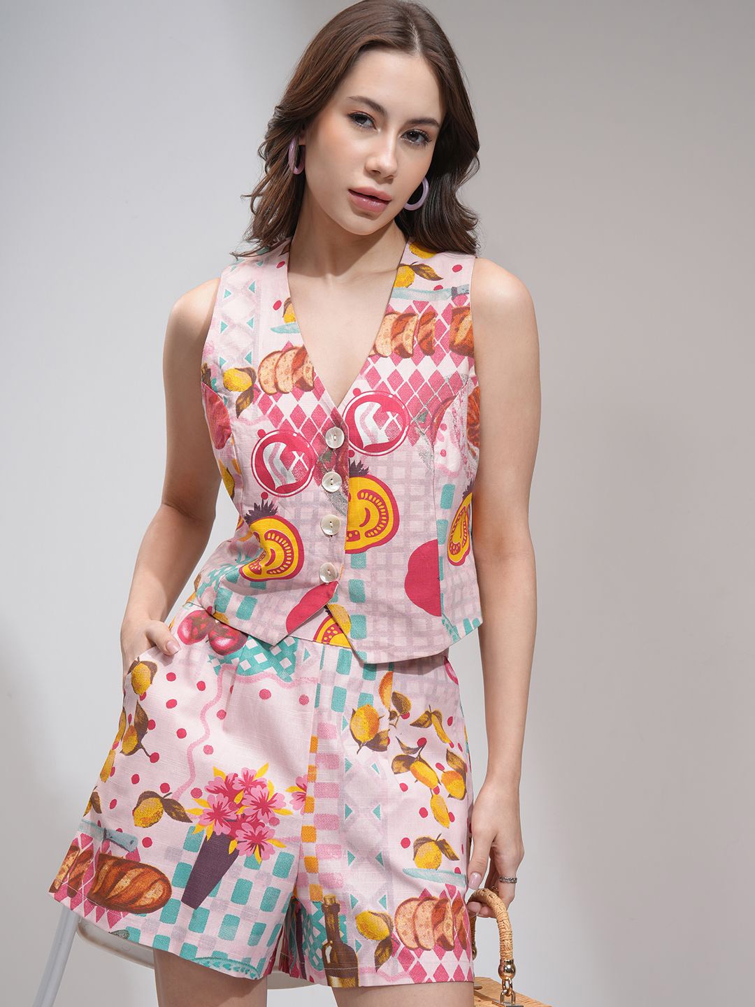 

Tokyo Talkies Printed Pure Cotton Waistcoat With Shorts, Pink