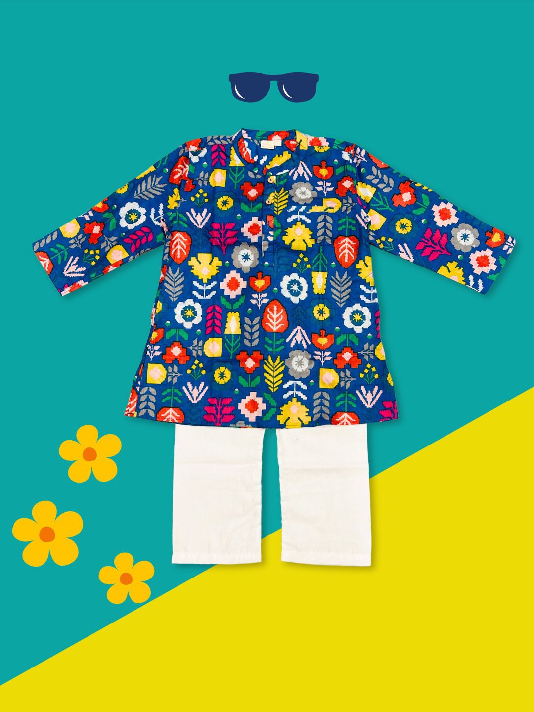 

MASU LIVING Boys Ethnic Motifs Printed Regular Pure Cotton Kurta with Pyjama, Blue