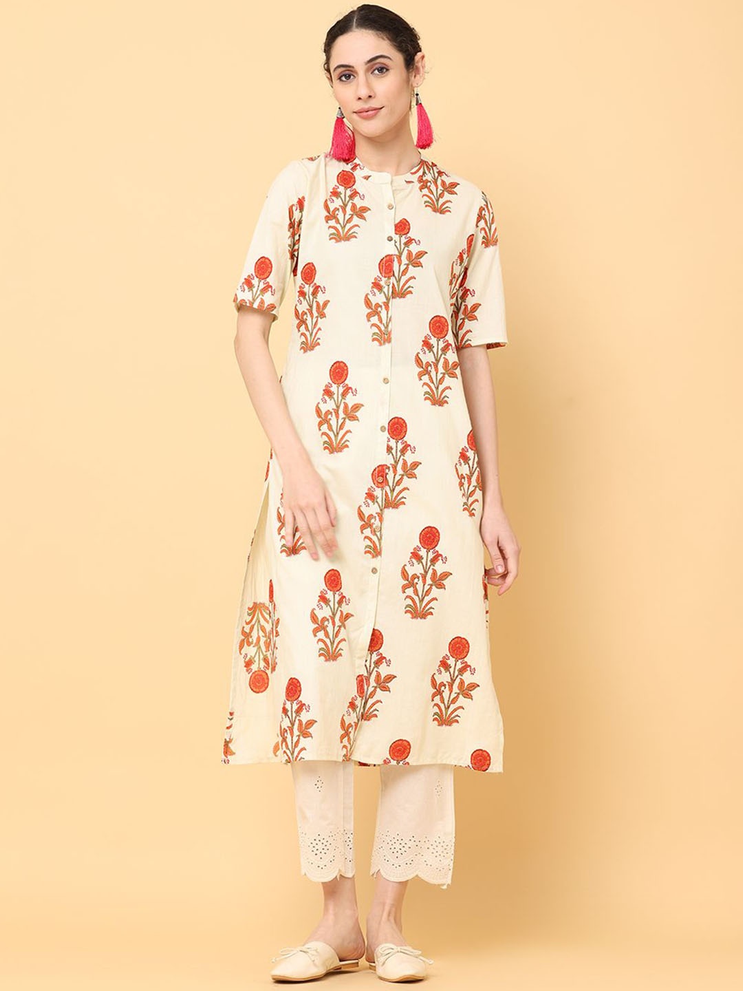 

all about you Floral Printed Mandarin Collar Pure Cotton Straight Kurta, Cream