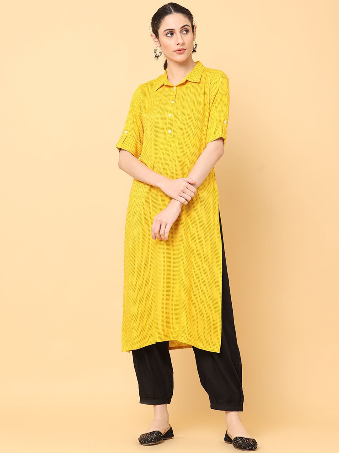 

all about you Geometric Printed Shirt Collar Straight Kurta, Mustard