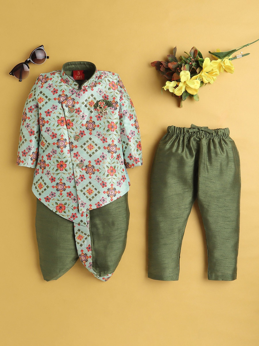

BAESD Boys Floral Printed Regular Kurta with Dhoti Pants, Green