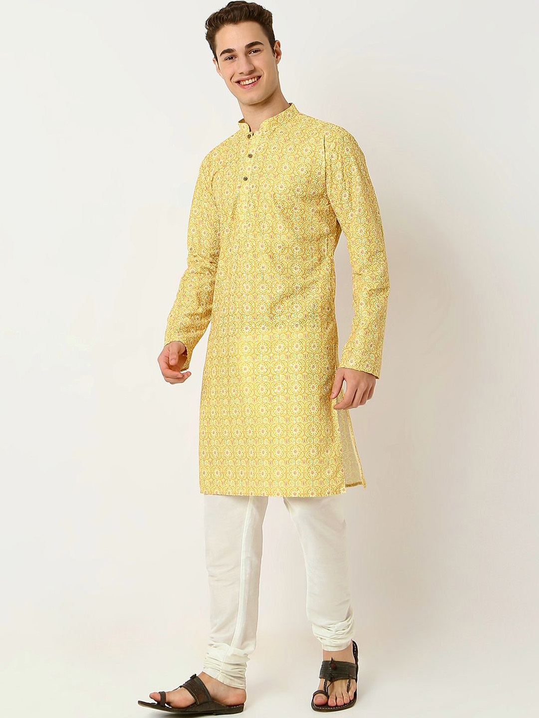 

BELLAZO Ethnic Motifs Printed Mandarin Collar Jacquard Cotton Straight Kurta, Yellow