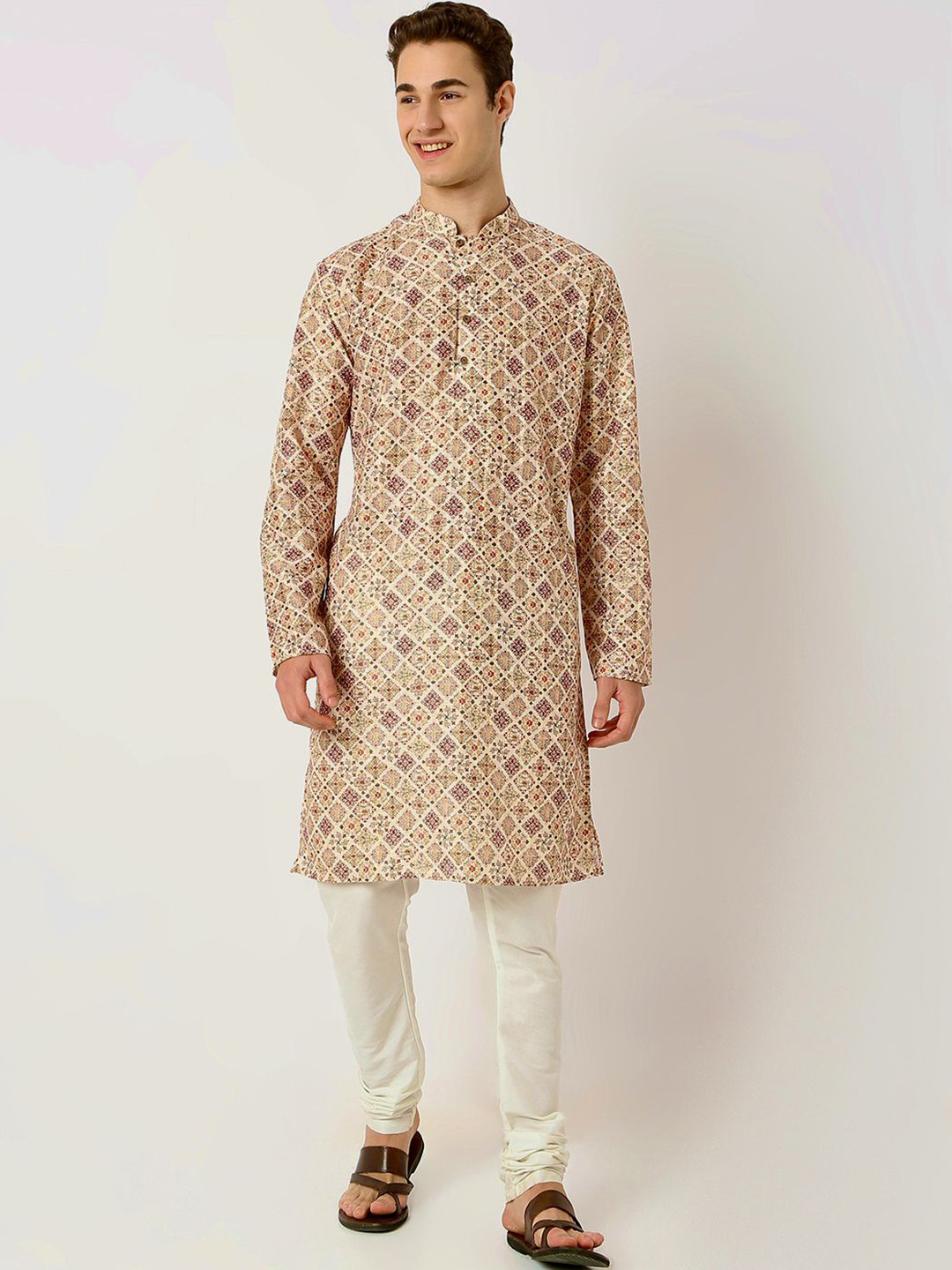 

BELLAZO Geometric Printed Mandarin Collar Jacquard Cotton Straight Kurta, Beige