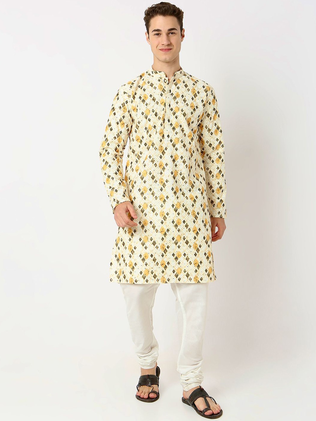 

BELLAZO Geometric Printed Mandarin Collar Jacquard Cotton Straight Kurta, Cream