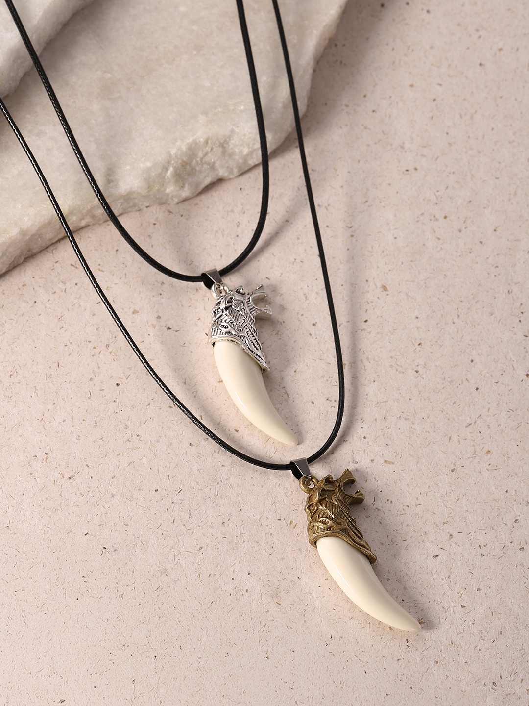 

DressBerry Set of 2 Contemporary Tooth Pendants with Chains, Black