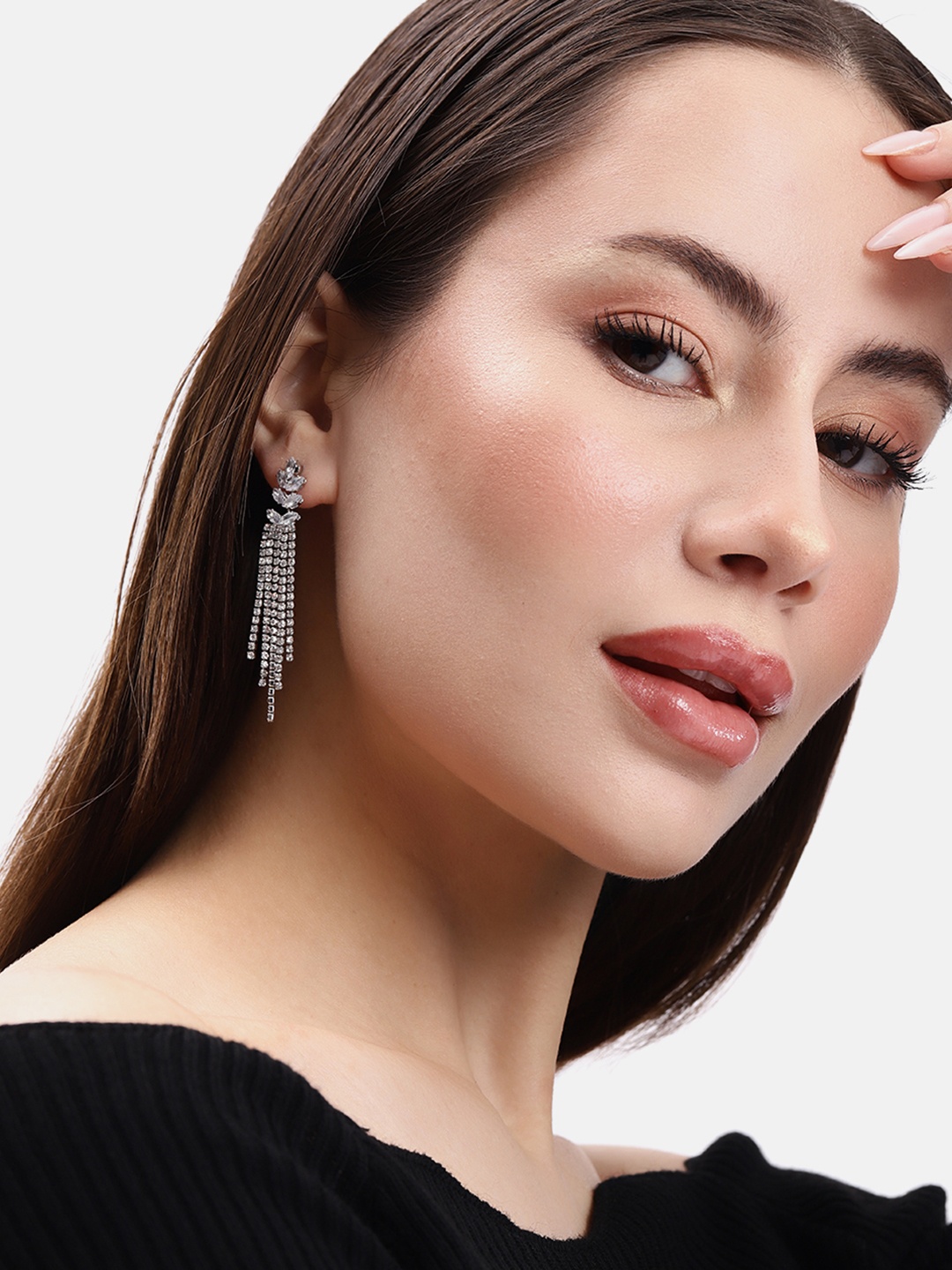 

DressBerry Leaf Shaped Stone Studded Drop Earrings, Silver